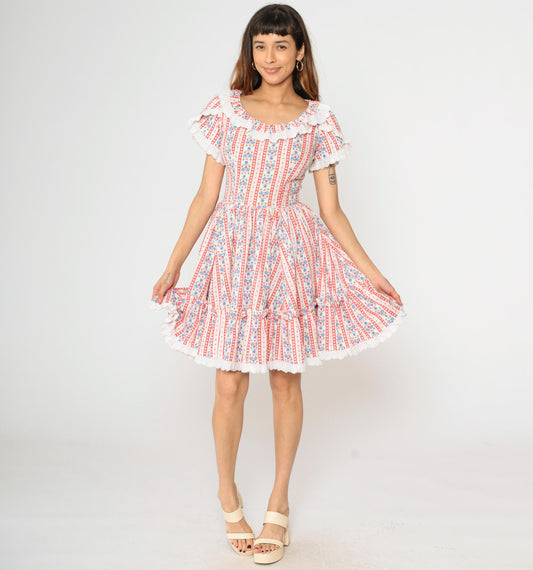 70s Floral Bird Print Prairie Dress White Mini Tiered Lace Small