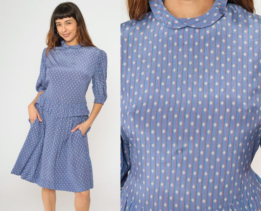 80s Blue Diamond Stripe Midi Dress Peplum Puff Sleeve High Neck Medium M