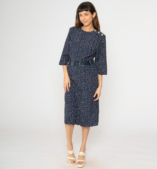 80s Navy Polka Dot Midi Dress Pleated Bodice High Waist Belted Small S