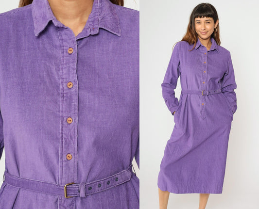 90s Purple Corduroy Midi Dress High Waisted Button Up Long Sleeve Medium M