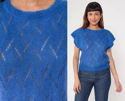 80s Jeanne Pierre Mohair Pointelle Sweater Top Royal Blue Cap Sleeve Small