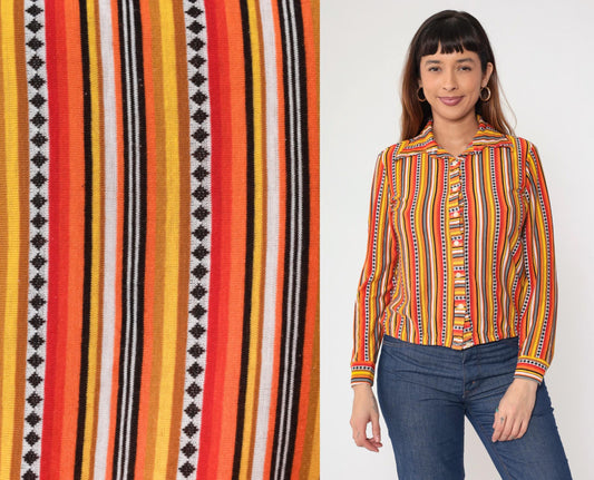 70s Orange Yellow Red Striped Button-Up Shirt Dagger Collar Long Sleeve Small