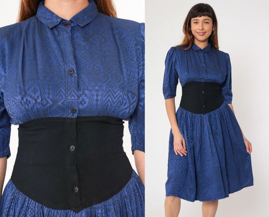 80s Lady Ann Blue Geometric Midi Dress Cinched Waist Puff Sleeve Small S
