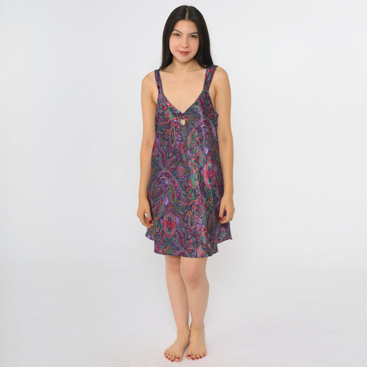 90s Purple Paisley Satin Slip Dress Keyhole V-Neck Mini Chemise Medium