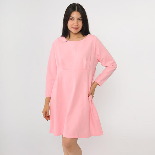 70s Pink Empire Waist Mini Dress Long Sleeve Flared Skirt Medium M