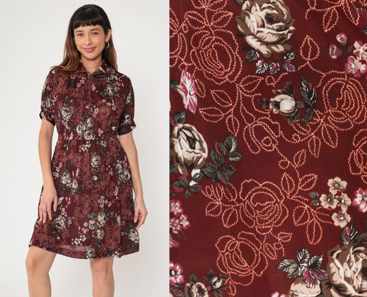 70s Maroon Floral Mini Dress High Waist Puff Sleeve Button Up Small Medium