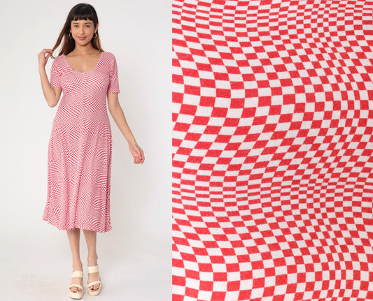 80s Op Art Red White Checkered Midi Dress Scoop Neck Fit Flare Medium Large