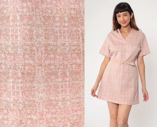 70s Mod Mini Dress Pink Checkered Shift V-Neck Belted Short Sleeve Medium M