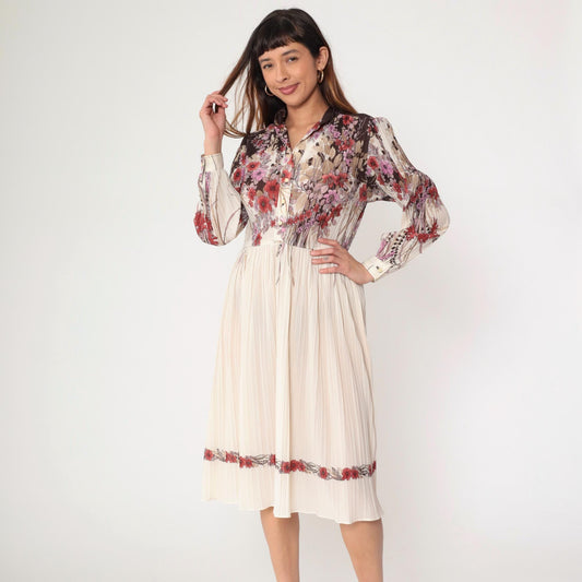 70s Off-White Floral Midi Shirtdress Knife Pleated High Waist Long Sleeve Small Medium