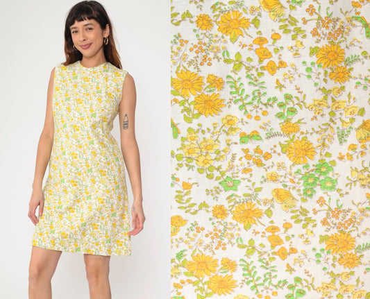 1960s Floral Butterfly Mini Dress White Yellow Sleeveless Sheath Small S