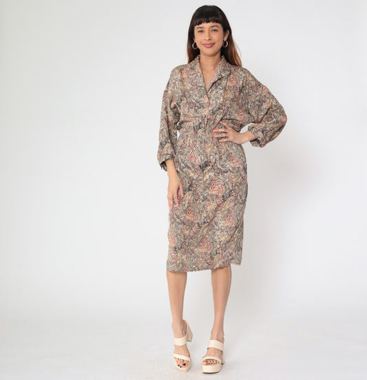 80s The Jones Girl Paisley Midi Dress High Waist Button Up Beige Medium