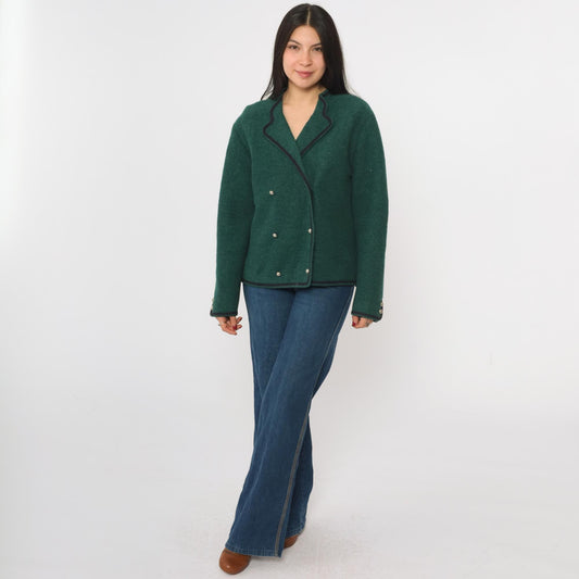 80s Lands' End Austrian Wool Jacket Double Breasted Green Tyrolean Blazer Large 12