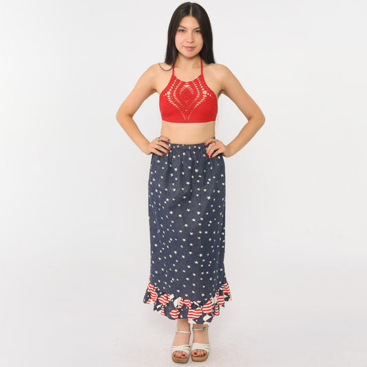 90s Patriotic Midi Skirt American Flag Star Print Ruffle Hem Red White Blue XS