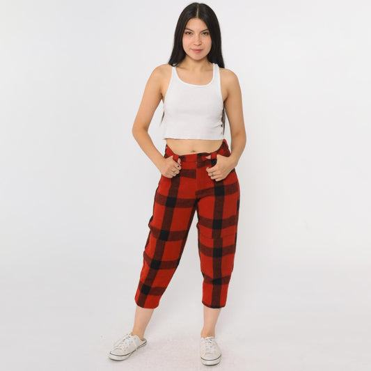 70s Buffalo Plaid Wool Capris Red Black High Waisted Cropped Pants Small