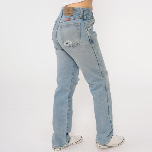 00s Wrangler Straight Leg High Rise Jeans Faded Blue Ripped 29x32