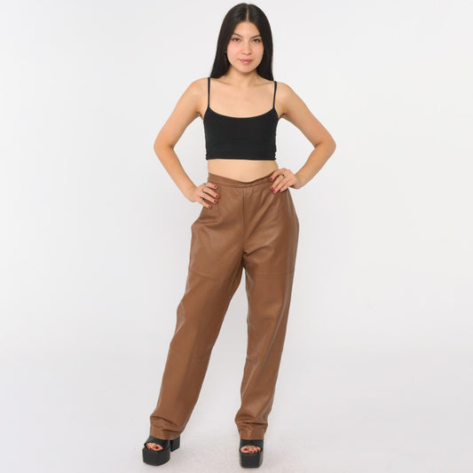 90s Terry Lewis Brown Leather Pants High Waist Straight Leg Medium