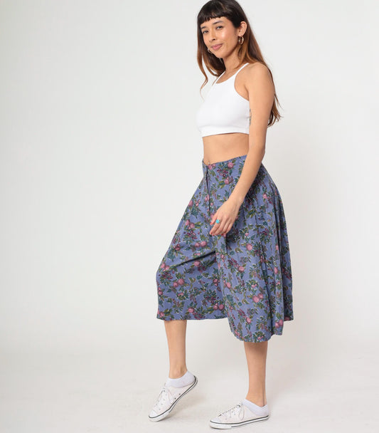 90s Cambridge Dry Goods Culotte Pants Purple Fruit Print High Waist Pleated Medium