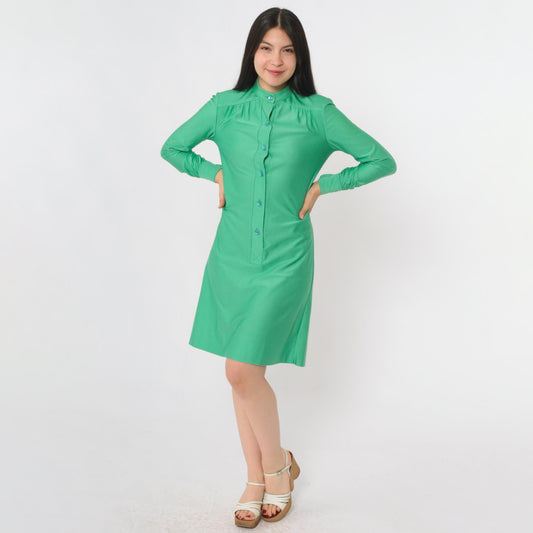 70s Green Mini Shift Dress Button-Up Long Sleeve High Neck Extra Small