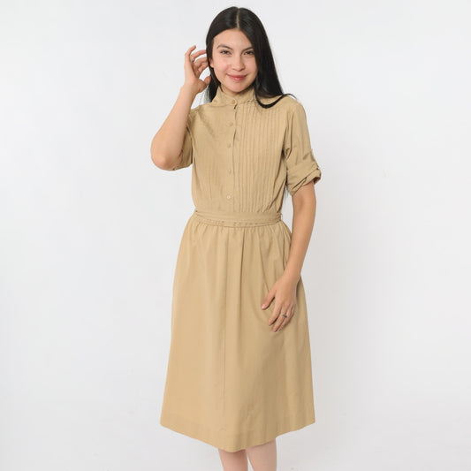80s Tan Utility Shirtdress Midi Pintuck High Waist Button Up Medium