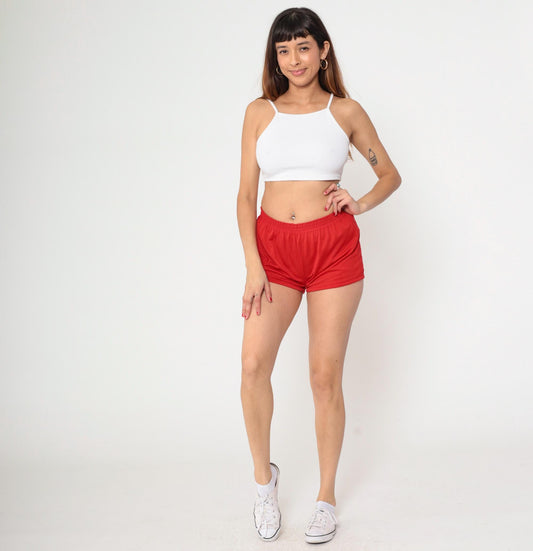 80s Red Gym Shorts High Waist Elastic Waistband Extra Small
