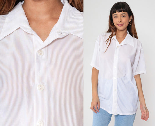 90s Positano White Ribbed Button Up Shirt Short Sleeve Collared Extra Large XL
