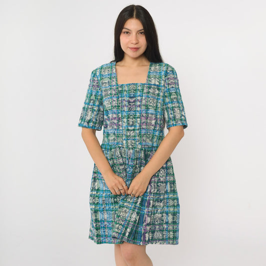 90s Checkered Ikat Mini Dress Green Blue High Waist Short Sleeve Small Medium