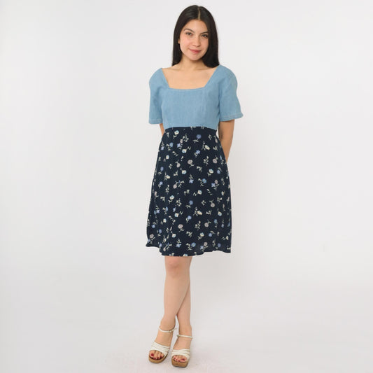 90s Jeans by Express Floral Denim Mini Dress High Waist Blue Small