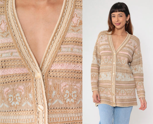 90s Lizsport Gold Floral Cardigan Sweater Tan Metallic Knit V Neck Small S