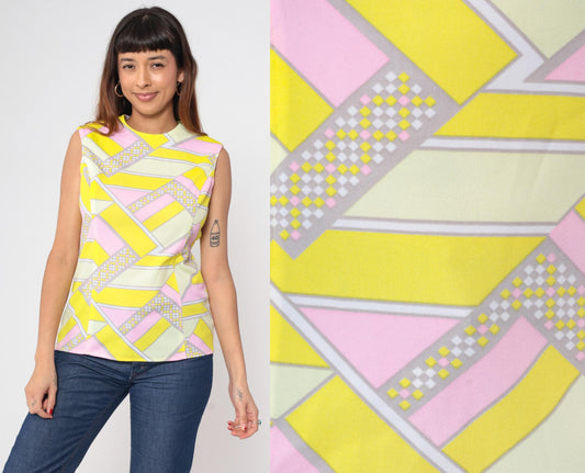 70s Geometric Tank Top Psychedelic Print Pink Yellow Sleeveless Medium M