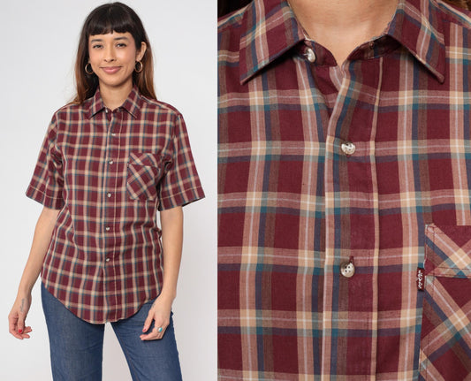 80s Levi's Plaid Button Up Shirt Burgundy Tan Checkered Short Sleeve Medium