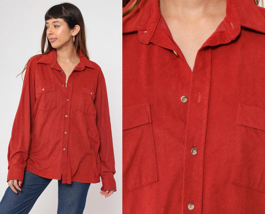 70s Prange's Rust Red Velour Button-Up Shirt Long Sleeve Collared Men's Large L