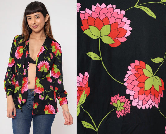 70s Black Floral Open Front Blouse Pink Green Print Long Sleeve Medium