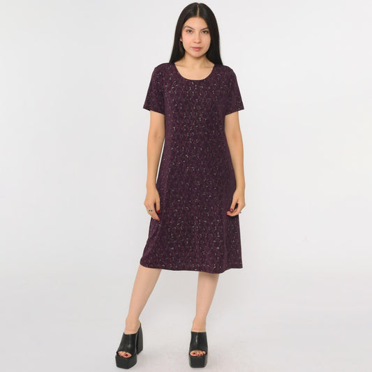 90s AGB Purple Floral Glitter Dress Knee-Length Short Sleeve Large L