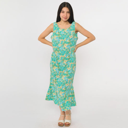 90s R & K Originals Floral Midi Dress Turquoise Blue Sleeveless Mermaid Hem Medium