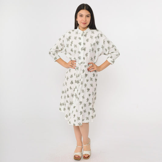 90s White Floral Button-Up Shirtdress Knee Length 3/4 Sleeve Small