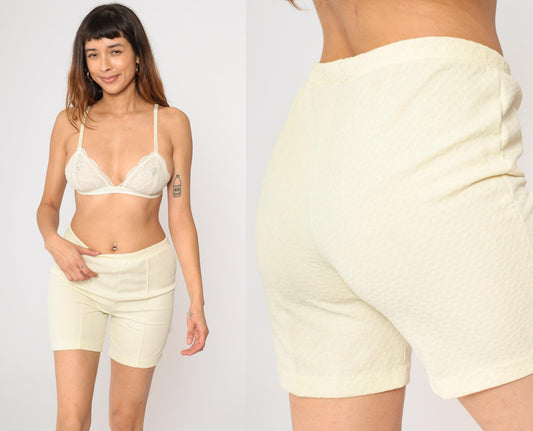 70s Light Yellow High-Waist Shorts Textured Polyester Elastic Waist Medium