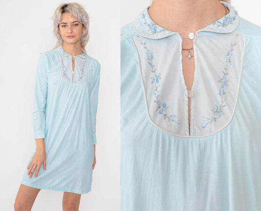 70s Baby Blue Embroidered Floral Pajama Dress Nylon Nightgown Mini Small