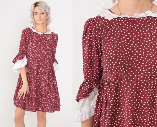 70s Burgundy Polka Dot Prairie Dress Puff Sleeve Ruffle Collar Mini Cotton Extra Small