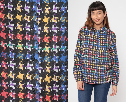 80s Rainbow Plaid Button-Up Blouse Black Checkered Long Sleeve Collared Large L