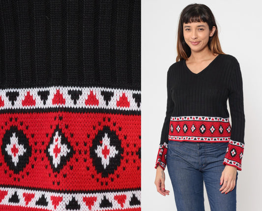 80s LA Express Geometric Bell Sleeve Sweater Black Knit Cropped V-Neck Medium