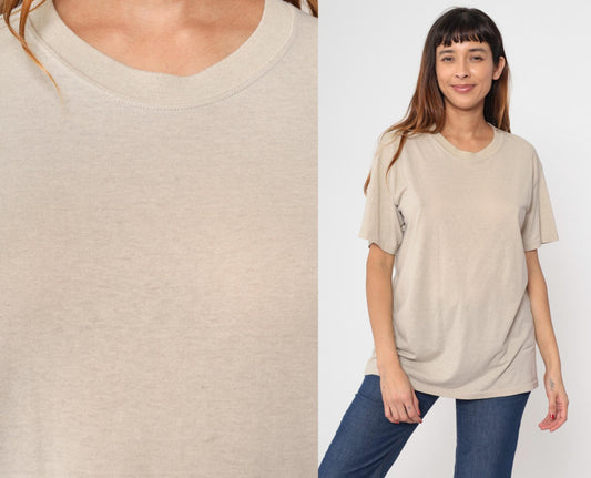 80s Plain Taupe Crewneck T-Shirt Single Stitch Duke Athletic Large L