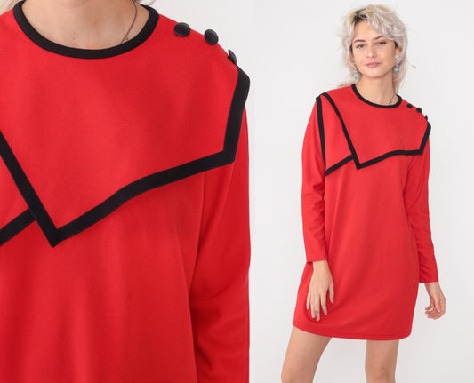 80s Leslie Fay Red Mini Dress Asymmetrical Sailor Collar Long Sleeve Medium