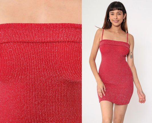 Y2K Metallic Red Sparkly Bodycon Mini Dress Spaghetti Strap Small S