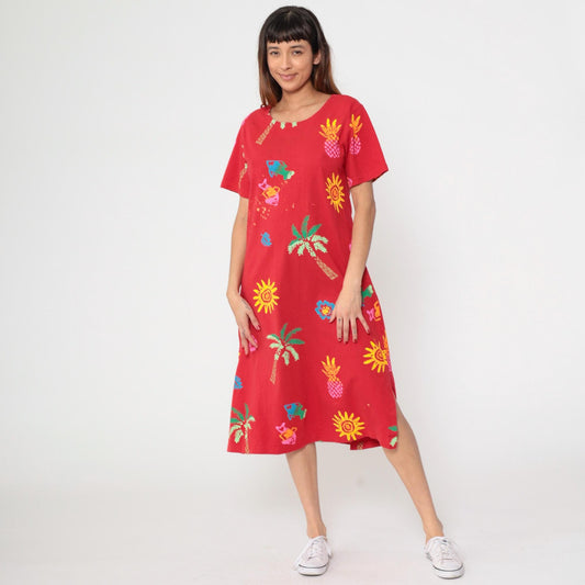 90s Coconut Bay Fish Print Midi Dress Red Tropical Shift Medium