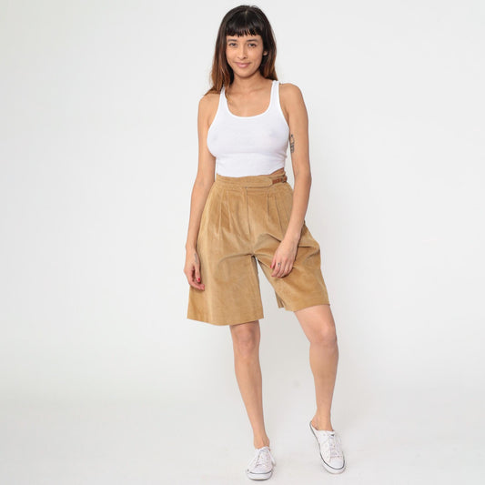 80s The Villagers Tan Corduroy Pleated High-Waist Shorts Small