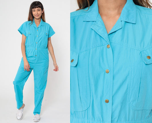 80s Turquoise Jumpsuit Snap Button High Waist Tapered Leg Small S