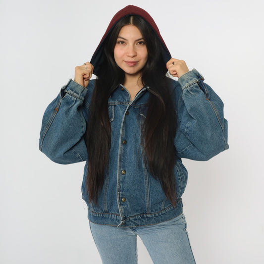90s Eagles Ridge Outfitters Hooded Denim Jacket Blue Burgundy Medium