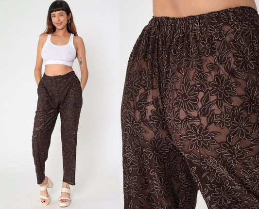 90s Brown Sheer Floral Burnout High-Waist Straight Tapered Trousers Small