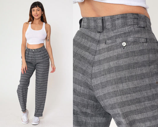 80s Generra Grey Striped Pleated Trousers High Waist Tapered Cotton Small