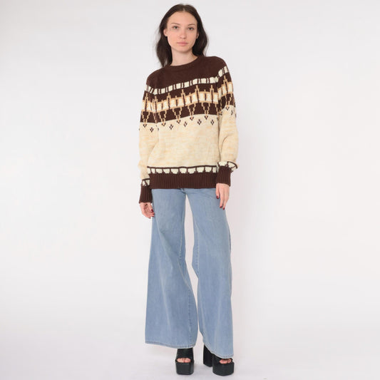 80s Nordic Geometric Knit Sweater Brown Cream Marled Pullover Medium